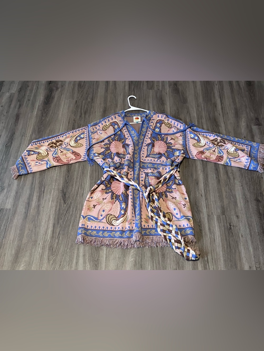 Farm Rio Blue Sea Garden Scarf Tassels Knit Mini Dress XL - Picture 5 of 7